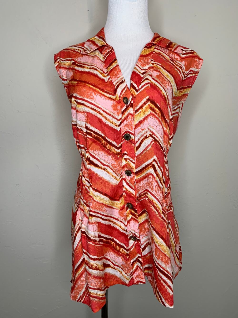 Dana Buchman Flame Chevron Orange Red Sleeveless Blouse Sz XL